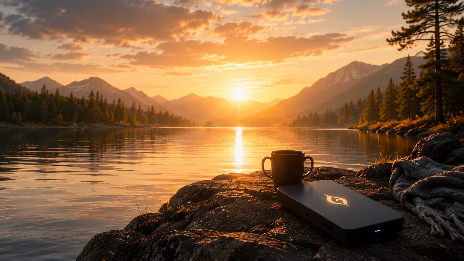 Original Bestiek vessel concept beside a cup at a quiet mountain lake