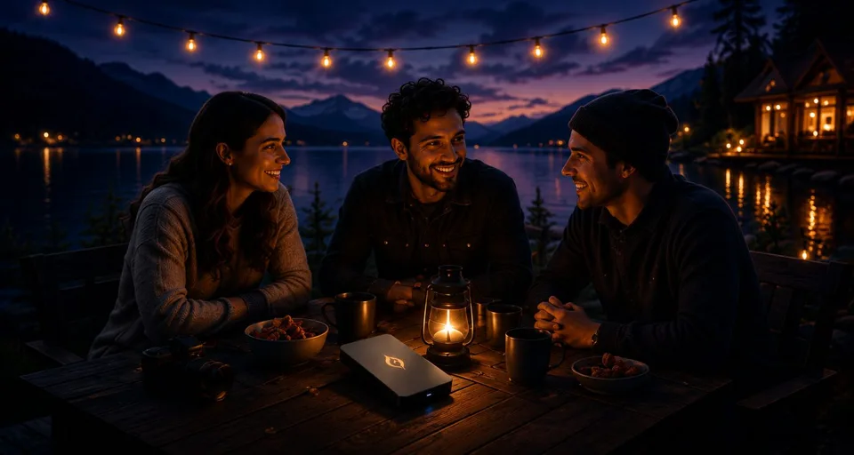 Adults sharing an intimate evening beside a lake